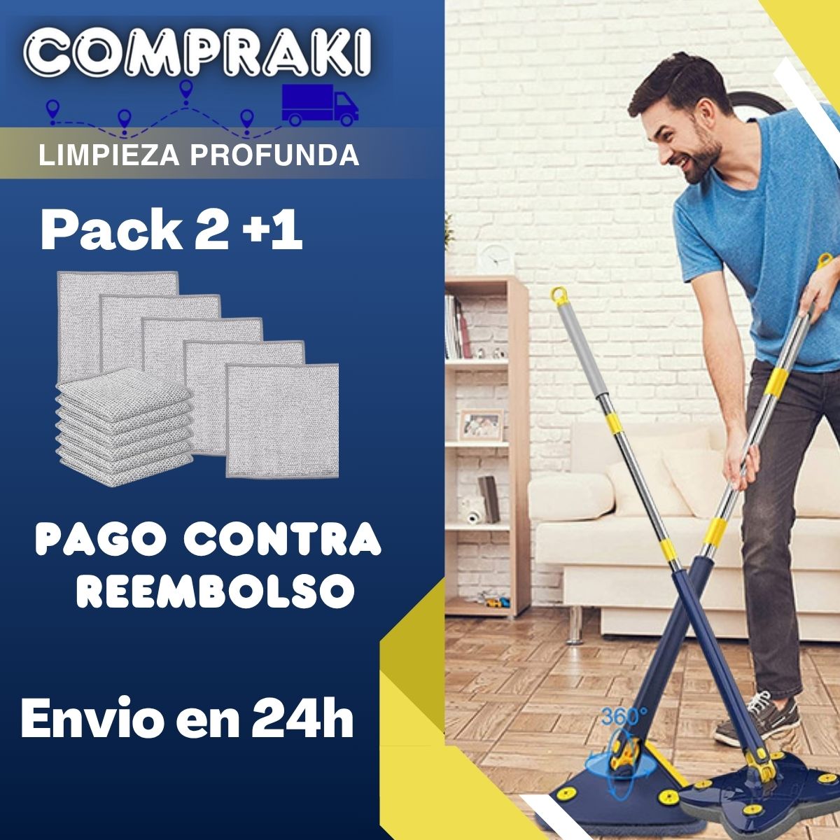 Pack 2+1 - Fregona telescópica +  kit de paños de limpieza