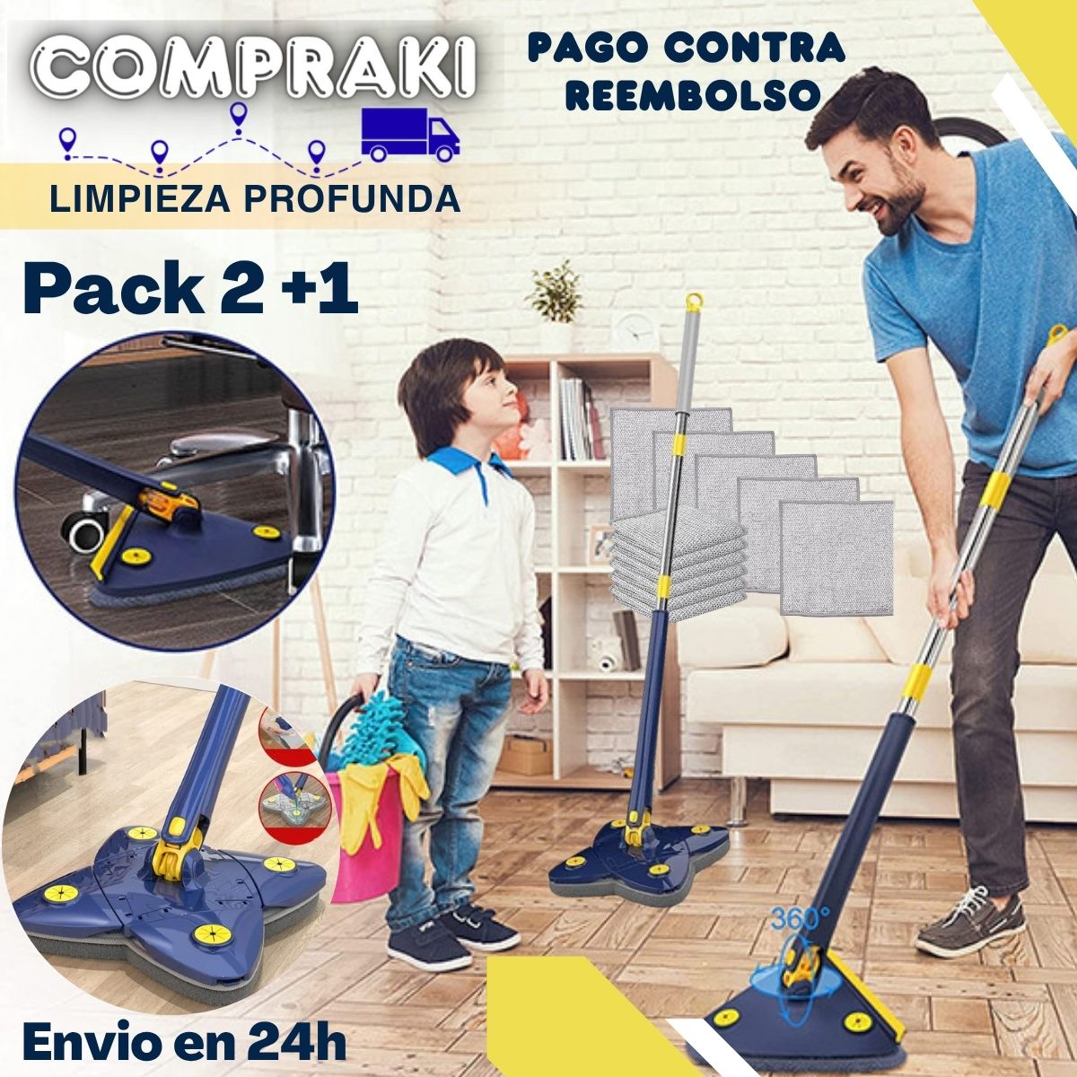 Pack 2+1 - Fregona telescópica +  kit de paños de limpieza