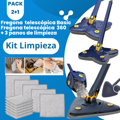 Pack 2+1 - Fregona telescópica +  kit de paños de limpieza
